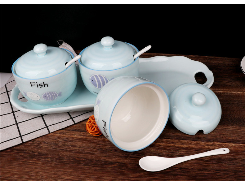 Happy home thread flavor pot three - piece sauce seasoning cylinder color ceramic pot seasoning box with a spoon with tray