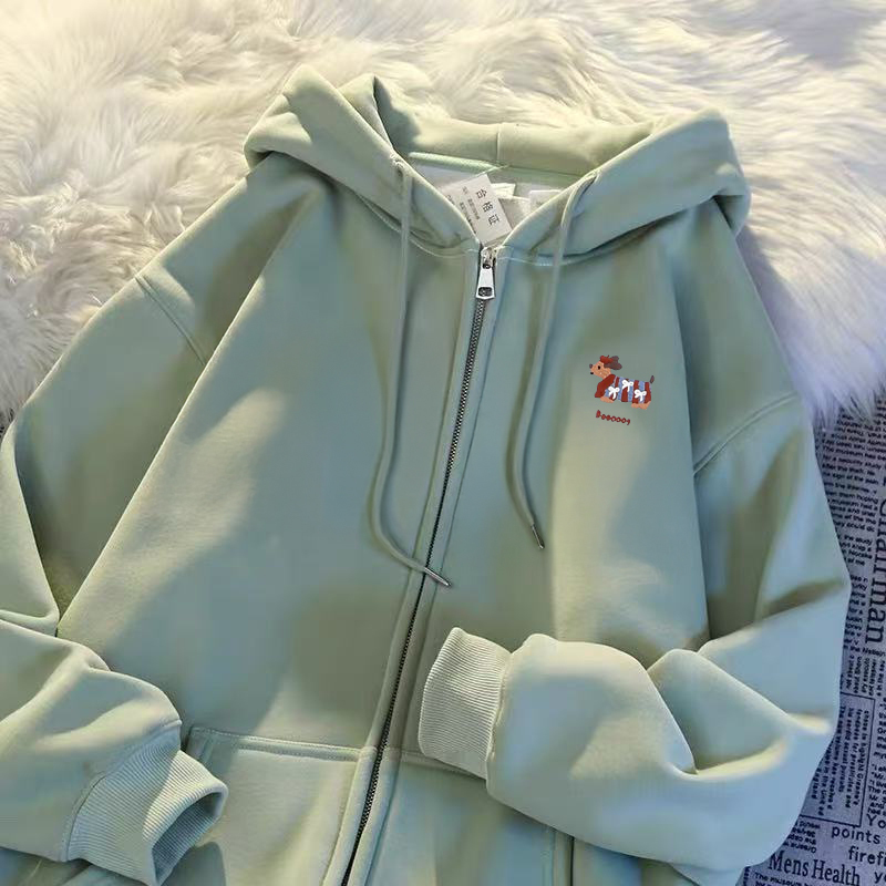 Korean Dachshund Dog Hooded Cardigan Sweatshirt for Women, Autumn and Winter 2025 New Style, Fleece-Lined, Thickened, Lazy, Loose-Fitting Zip-Up Jacket
