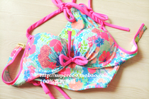European and American single pink fluorescent flowers 4 level gathering small chest thickened one steel support bikini