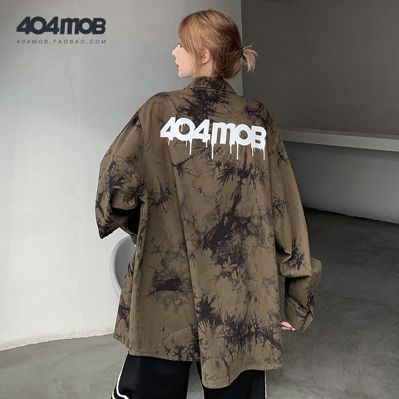 404MOB Guochao Spring and Summer Tie Dye Plant Printed Long Sleeve Shirt for Men and Women High Street Tide Flour Loose Couple Shirt