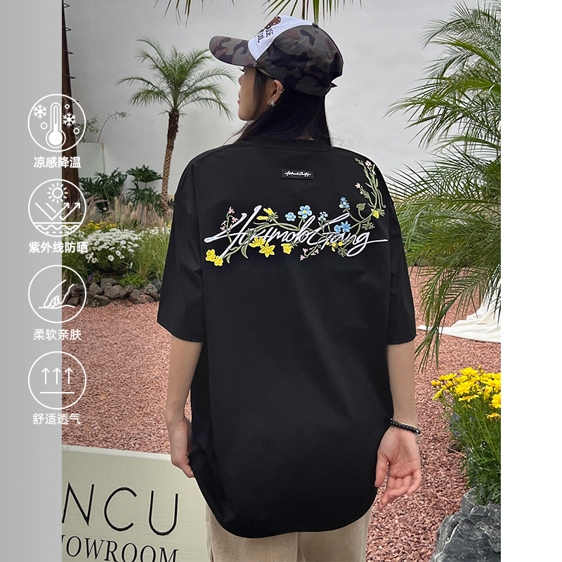 国潮美式刺绣花卉短袖T恤，情侣同穿，轻松俘获夏日街头潮流！🌸💖