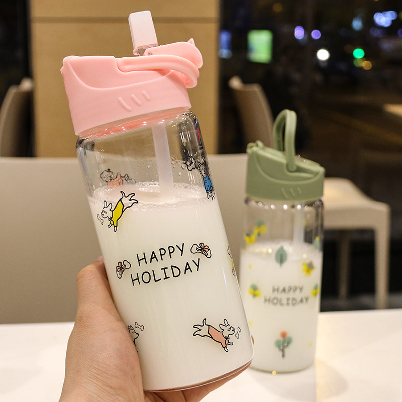 Pregnant woman glass straw cup student couple with hand mug heatproof explosion proof creative little fresh cartoon cute water glass