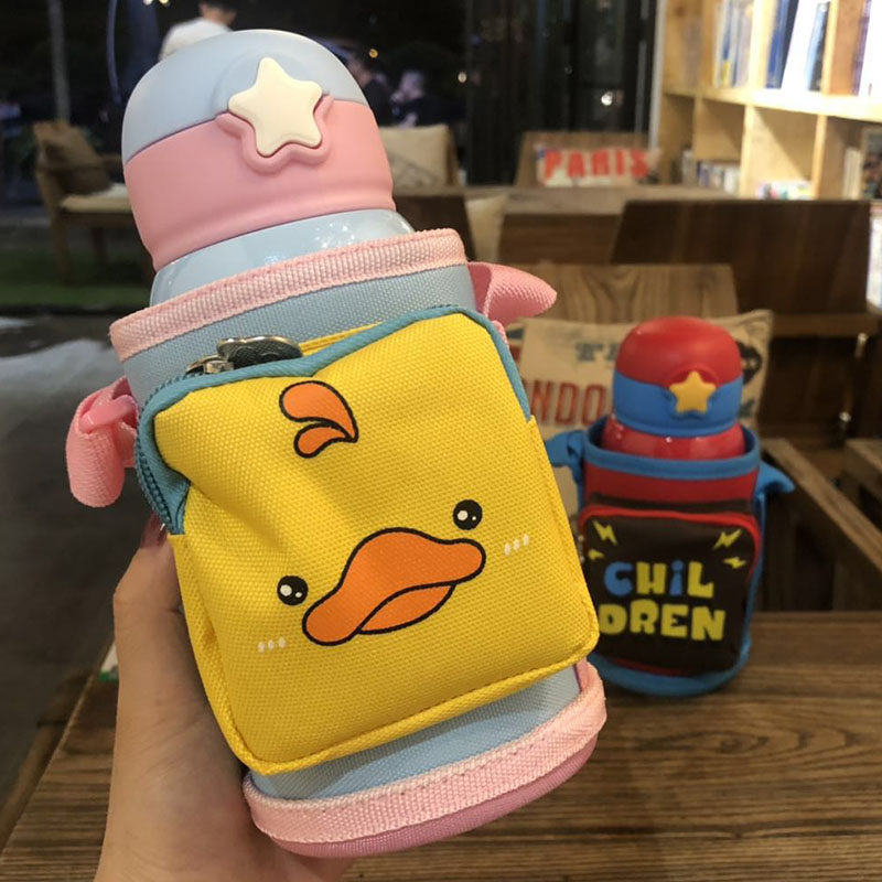 Large capacity children double lid thermos pot outdoor cute dual-purpose straw water cup 316 stainless steel vacuum insulation cup