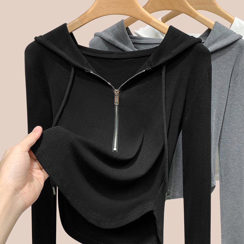 Hooded Sweatshirt for Women, Spring and Autumn 2026 New Style, Slim Fit, Half-Zip, Long-Sleeved, Hooded, Casual Black Hoodie Top for Women