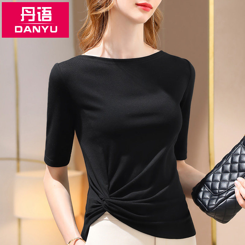 Dan chinese sleeve t-shirt women white 2022 women's one-line collar half-sleeve t-shirt black chic one-word shoulder top