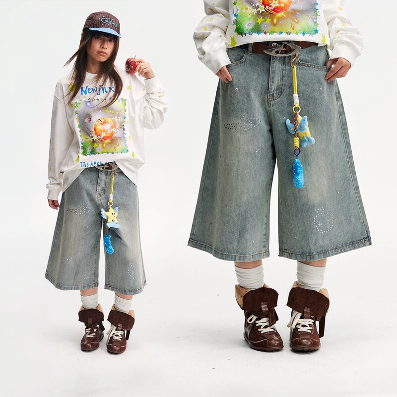 American Retro Washed Denim Star-Studded Bamboo Texture Cropped Jeans for Men and Women, Summer Loose Versatile Wide-Leg Shorts