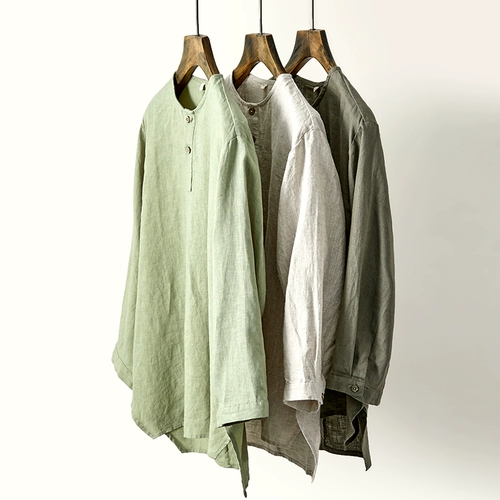 Японская ретро рубашка для отдыха, оверсайз, из хлопка и льна, круглый воротник