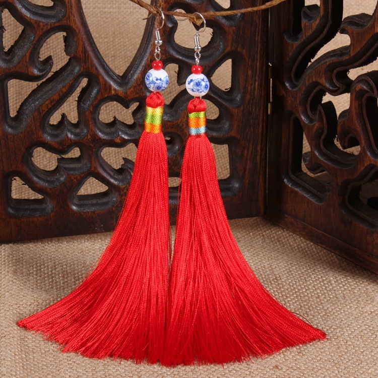 Retro National Wind Ornament Handmade Feature Long Version Flow Suearrings National Ornament Earrings Candy Color Multicolor
