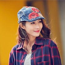 Ethnic style denim cap embroidered flower beret New cap travel cap forward cap Hip hop cap