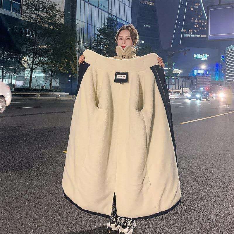 Fleece-Lined Thickened Plush Cotton-Padded Coat for Women, 2025 Winter New Cotton Clothing, Mid-Length Over-The-Knee Korean Style Loose Hong Kong Style Parka