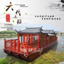  Wooden boat Painting boat Outdoor large water catering boat double-decker solid wooden Chinese antique electric sightseeing tourist boat