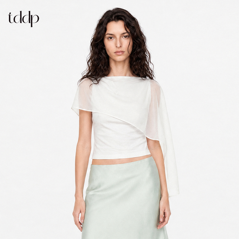 Tddp Adjustable Ribbon Design Fake Two-Piece Short Top for Women, Summer Slim Fit, Elegant Sleeveless T-Shirt Tddp Adjustable Ribbon Design Fake Two-Piece Short Top for Women, Summer Slim Fit, Elegant Sleeveless T-Shirt