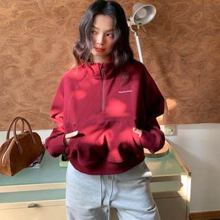 Tddp zipper half open collar short brushed sweatshirt american style