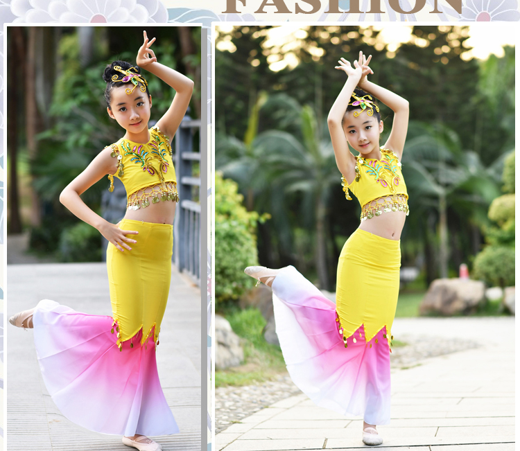 Mới cho trẻ em Áo dài váy đuôi cá kéo dài váy con công biểu diễn trang phục múa cho trẻ em trang phục dân dộc các nước trẻ em