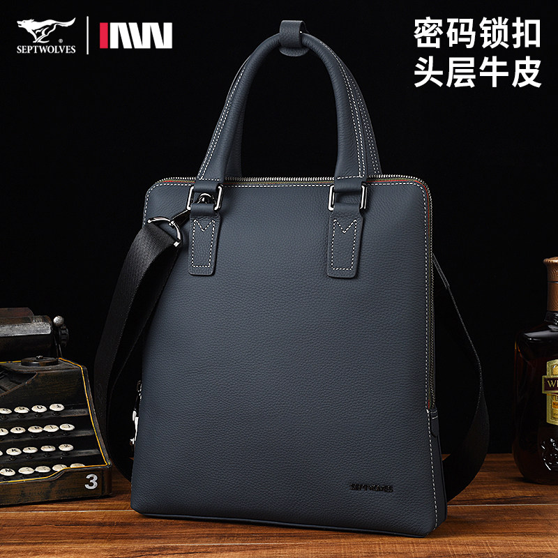 Seven Wolves Genuine Leather Men's Bags Handbag Business Bull Leather Bag Single Shoulder Bag Slanted Satchel Fashion Casual Briefcase-Taobao