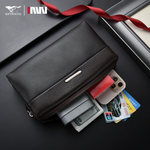 Septwolves, длинная кожаная сумка с петлей на руку с молнией, маленькая сумка клатч, воловья кожа, коллекция 2023, из натуральной кожи