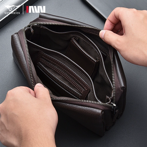 Septwolves, длинная кожаная сумка с петлей на руку с молнией, маленькая сумка клатч, воловья кожа, коллекция 2023, из натуральной кожи