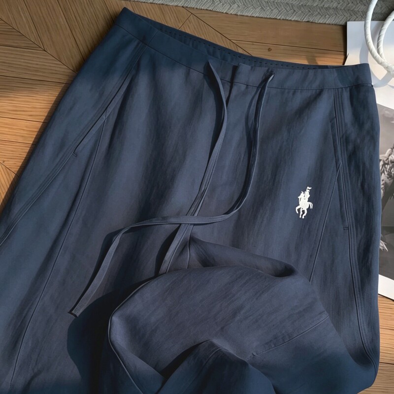 Little Horse Embroidery Navy Blue Linen Casual Pants for Women, Summer Thin Loose Straight Wide-Leg High-End Trendy Long Pants