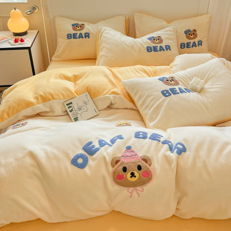 Little Bear Party Milk Velvet Four-Piece Set Coral Fleece Winter Children's Cartoon Flannel Duvet Cover Baby Fleece Bed Sheet Three