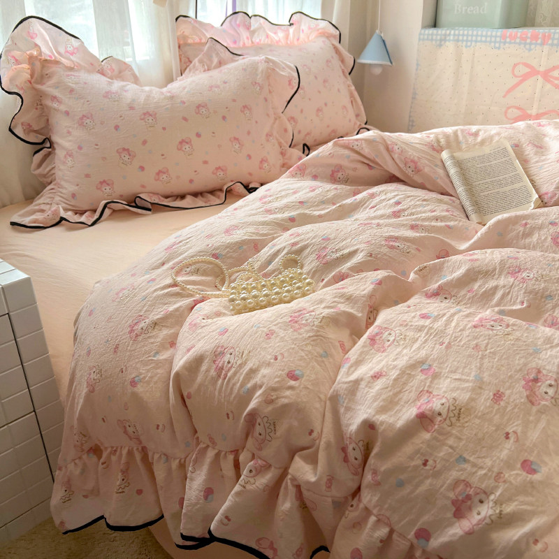 Super Soft Washed Cotton Four-Piece Set, Non-Pure Cotton, All-Cotton, Girly Double-Layer Gauze Lace Duvet Cover, Dormitory Bed Sheet Three-Piece Set