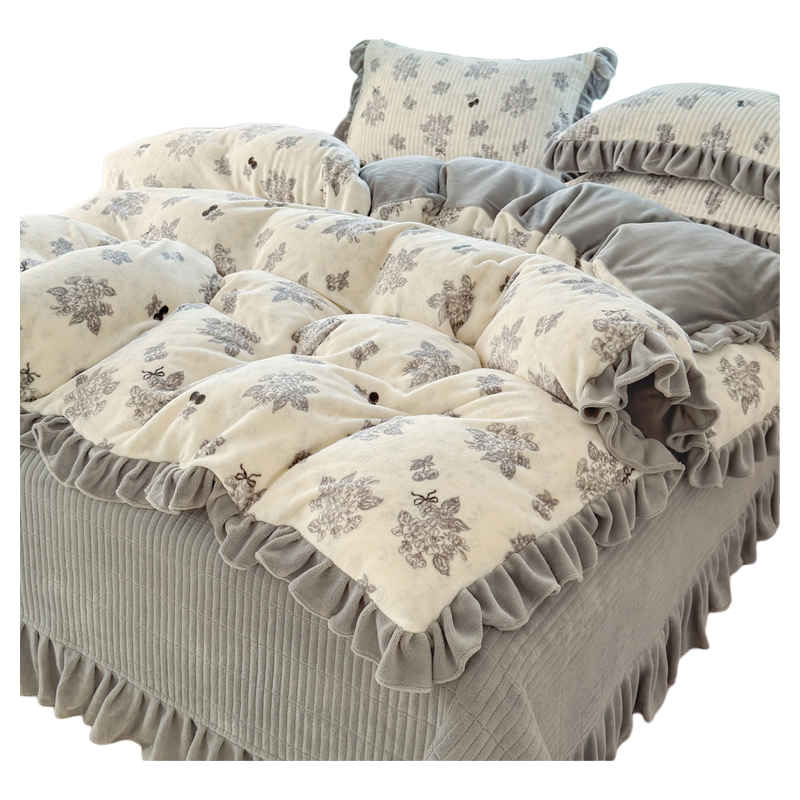 French-Style Bed Cover Four-Piece Set, Milk Velvet 2025 New Winter Coral Fleece Duvet Cover, Thickened Quilted Bed Sheet