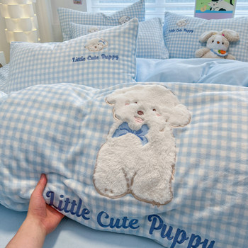 Cartoon Double-Sided Fleece Duvet Cover Four-Piece Set, Milk Velvet Winter Coral Fleece Flannel Snowflake Fleece Bed Sheet Single Three-Piece Set