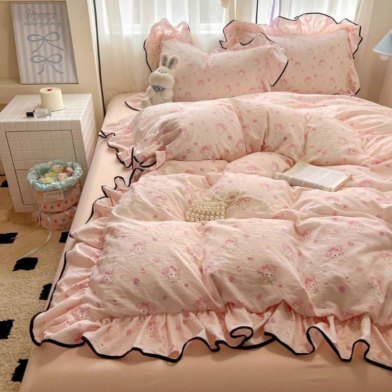 Super Soft Washed Cotton Four-Piece Set, Non-Pure Cotton, All-Cotton, Girly Double-Layer Gauze Lace Duvet Cover, Dormitory Bed Sheet Three-Piece Set