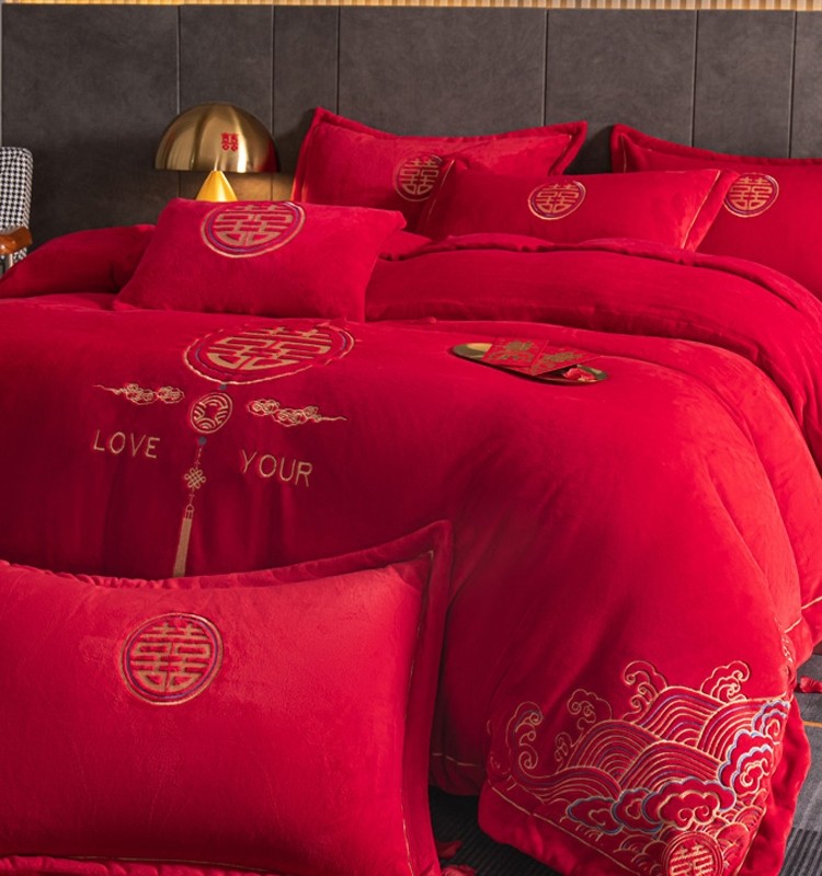 Wedding Milk Velvet Four-Piece Set, Winter Newlywed Celebration Quilt, Red Dowry, Coral Velvet Bed Sheet, Duvet Cover, Bedding