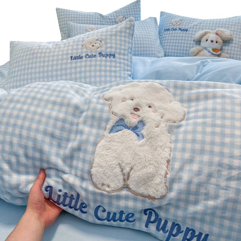 Cartoon Double-Sided Fleece Duvet Cover Four-Piece Set, Milk Velvet Winter Coral Fleece Flannel Snowflake Fleece Bed Sheet Single Three-Piece Set