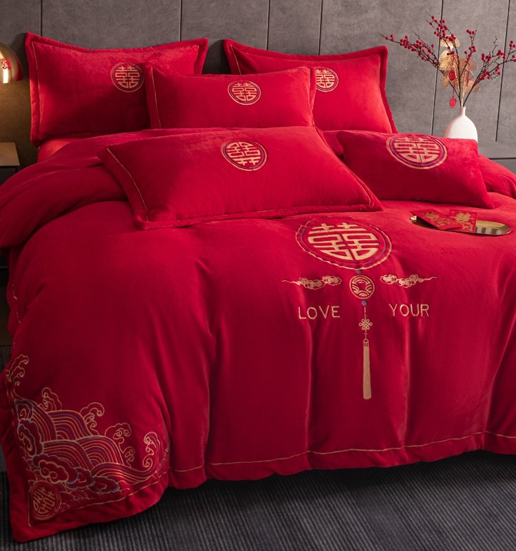 Wedding Milk Velvet Four-Piece Set, Winter Newlywed Celebration Quilt, Red Dowry, Coral Velvet Bed Sheet, Duvet Cover, Bedding