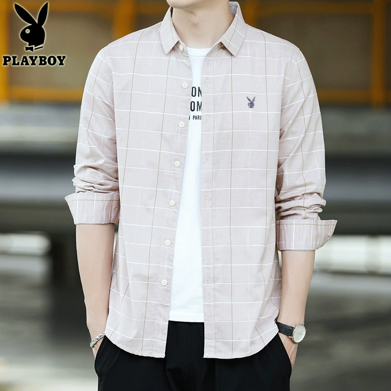 Playboy Áo cotton nam Thời trang Thanh niên Hồng Kông Phong cách Inch Áo Mùa thu Mới Hợp thời trang Thương hiệu Áo sơ mi kẻ sọc giản dị - Áo