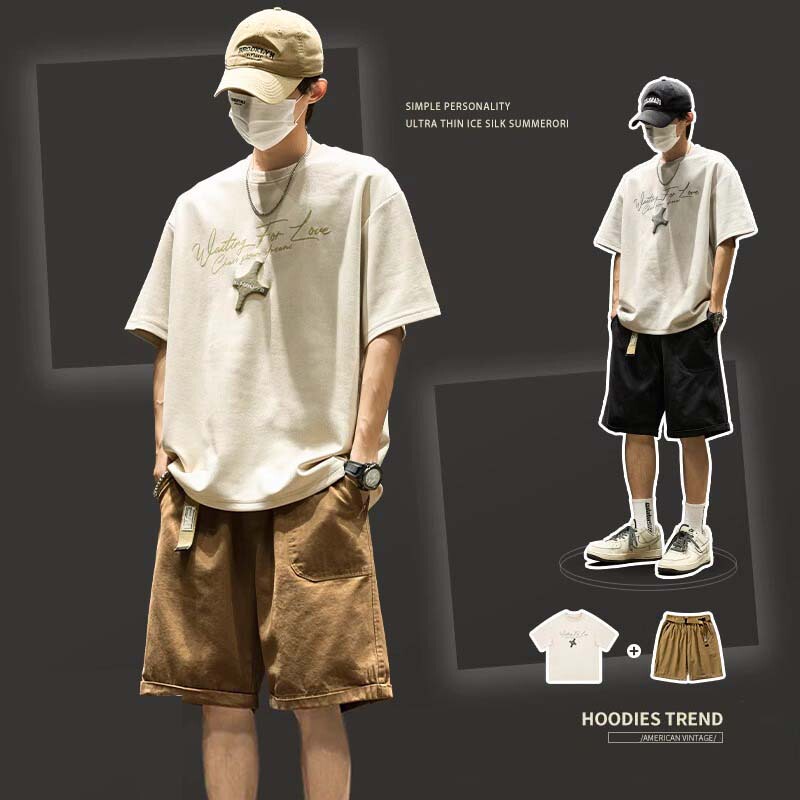 Korean Uamtor Casual Short-Sleeved Suit for Men, Summer American-Style Trendy Shorts, Retro Barn Style Outfit, Complete Set