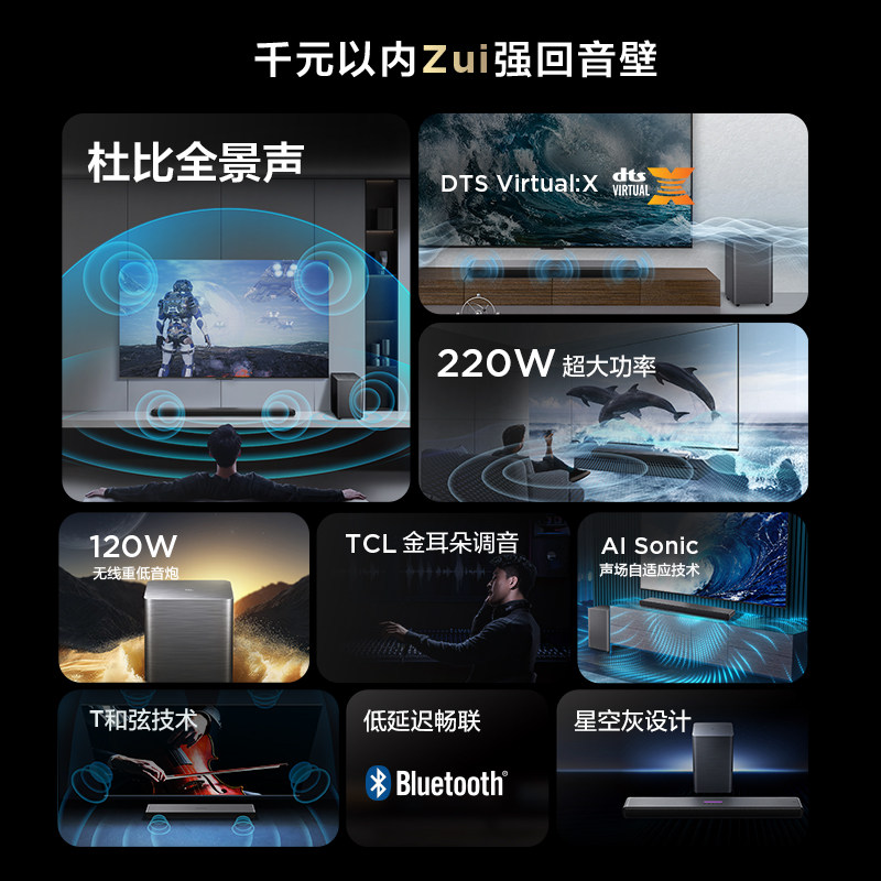 TCL回音壁S55H:杜比全景声与DTS Virtual:X,家庭影院新体验!-回音壁音响-淘宝百科网