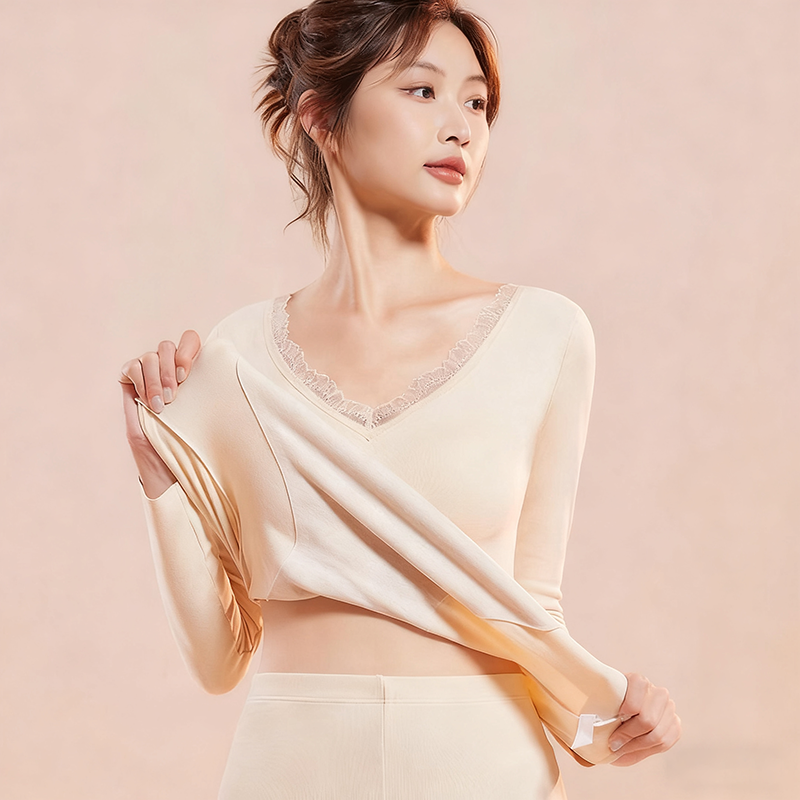 蕉轩保暖套装内衣女带胸垫羊毛蚕丝秋衣秋裤无痕打底上衣秋冬新款