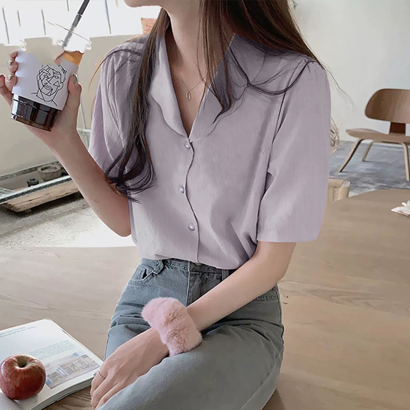 French-Style Light Purple Taro Purple Shirt for Women, Summer Design, Niche, Work Commute, Professional Short-Sleeved V-Neck Top