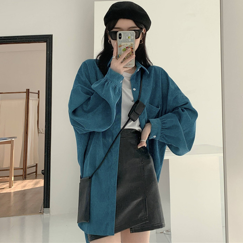 Hong Kong Style Peacock Blue Shirt Jacket for Women, Early Spring and Autumn Thin Design, Mid-Length Corduroy Long-Sleeved Top Hong Kong Style Peacock Blue Shirt Jacket for Women, Early Spring and Autumn Thin Design, Mid-Length Corduroy Long-Sleeved Top