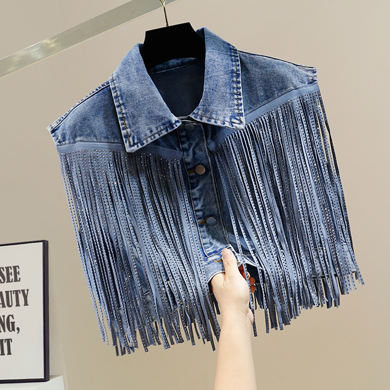 Heavy-Duty Rhinestone Tassel Design Lapel Single-Breasted Short Sleeveless Denim Vest for Women, Stylish and Versatile Top