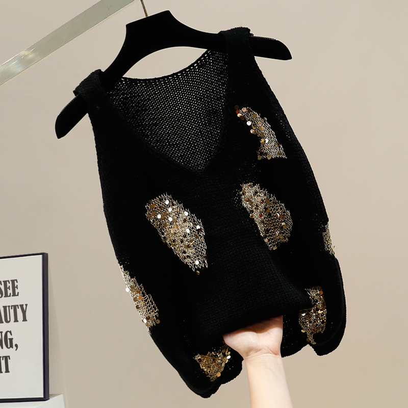 Gold Sequin Hollow-Out Design V-Neck Pullover Sleeveless Knit Vest for Women, Stylish and Versatile, Slimming Top, Trendy