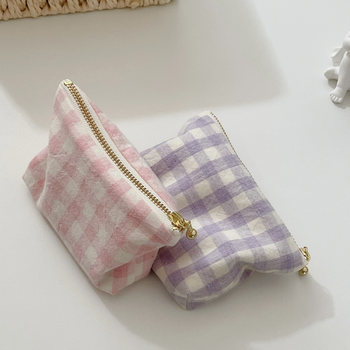 Korean imported plaid mini wallet soft and glutinous washing cotton fabric lip gloss lipstick change storage bag with you