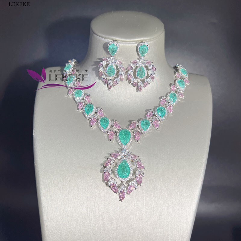 High-End New Jewelry, Light Luxury Pink and Green Zircon Bridal Evening Dress Accessories, Wedding Jewelry Necklace and Earrings Set High-End New Jewelry, Light Luxury Pink and Green Zircon Bridal Evening Dress Accessories, Wedding Jewelry Necklace and Earrings Set