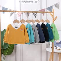 Boys fake two-piece necropolis winter children pure colour embroidered embroidered jacket 2 baby shirt collar T-shirt with a T-shirt