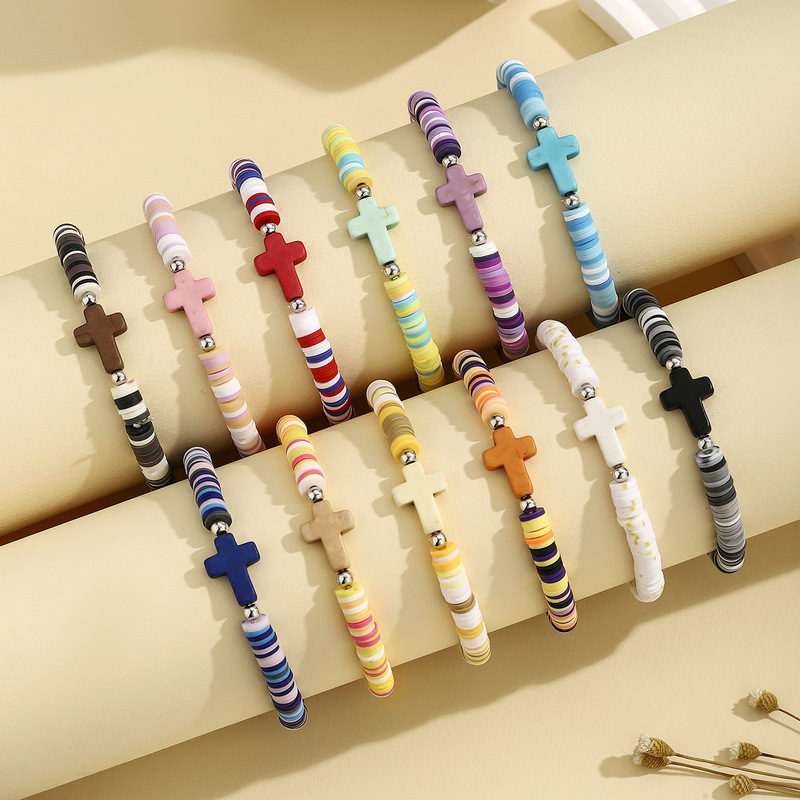 European and American Bohemian Style Colorfulful Soft Clay Turquoise Cross Bracelet Set Beach Style Elastic Rope Bracelet European and American Bohemian Style Colorfulful Soft Clay Turquoise Cross Bracelet Set Beach Style Elastic Rope Bracelet
