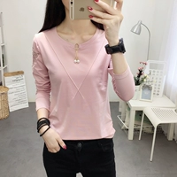 Áo thun cotton dài tay đơn mặc bên ngoài mặc ngắn tay đẫm máu nghỉ ngơi mùa thu chạm đáy áo mẹ trung niên buông thả áo thun tay lỡ