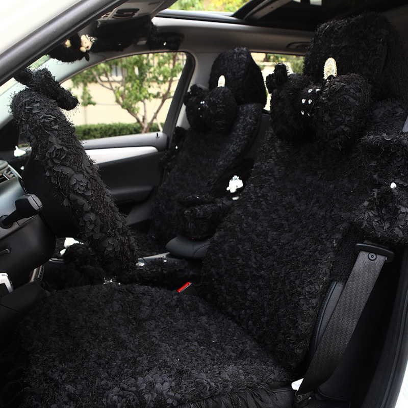 Rose Velvet Prince Car Interior Set Car Decoration Gear Rearview Mirror Handbrake Seat Belt Shoulder Cover Black