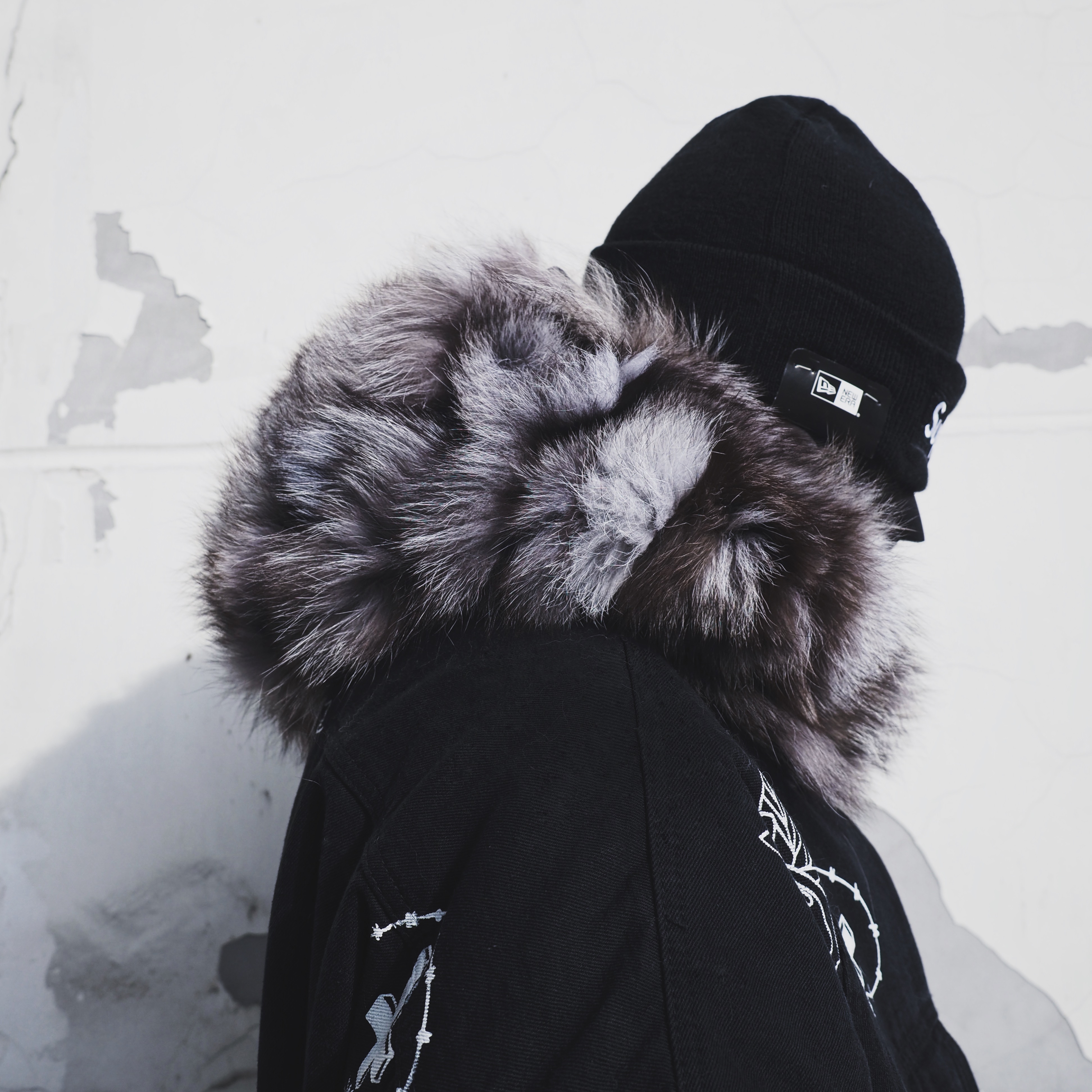 DA tide thương hiệu MAMC17FW bất fox fur collar hat rose vẽ tay phá hủy denim khắc đầy đủ in vài bông quần áo mùa đông đồ cặp với người yêu
