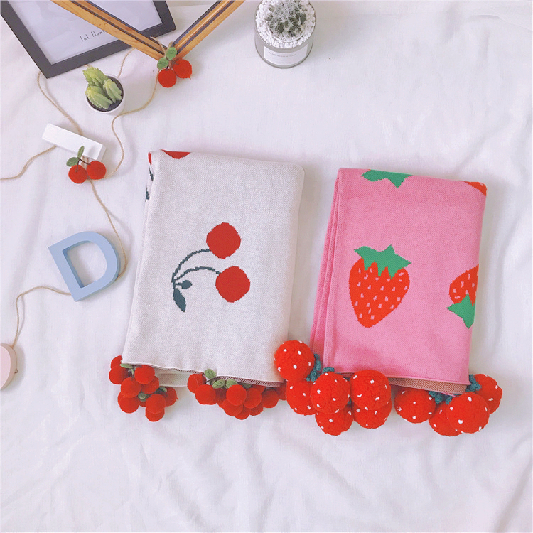 Cotton Strawberry Blanket Cherry Blanket DIY Machine-Woven Hand-Crocheted Strawberry Cherry Yarn Knitting for Adults and Children