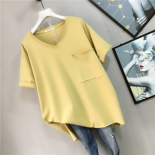 Loose solid color pocket large V-neck short-sleeved T-shirt for women summer Korean style versatile slimming simple large size half-sleeved top