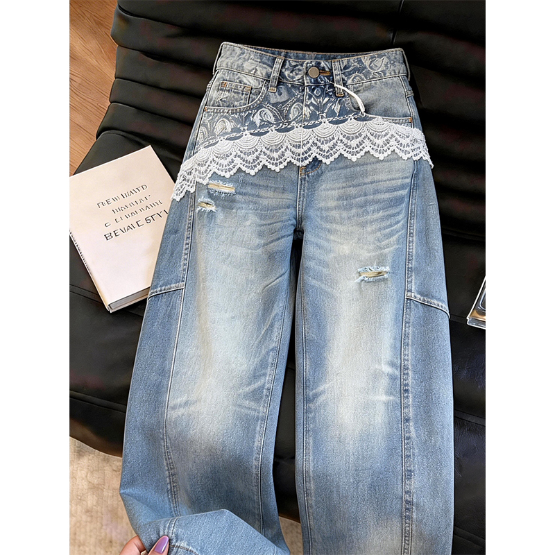 Trendy and Stylish High-Waisted Lace Print Jeans for Women, 2026 Summer New Slim-Fit Straight-Leg Pants