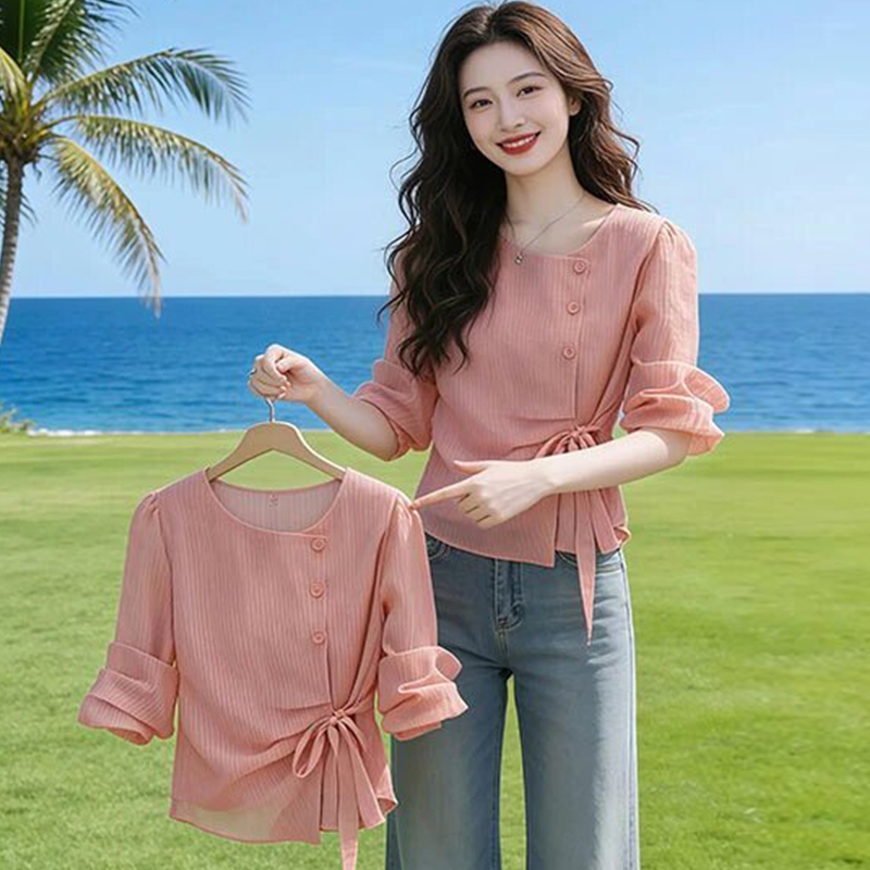 French-Style Gentle and Elegant Shirt for Women, 2026 Summer New Design, Tie-Waist Slimming Top That Hides the Belly