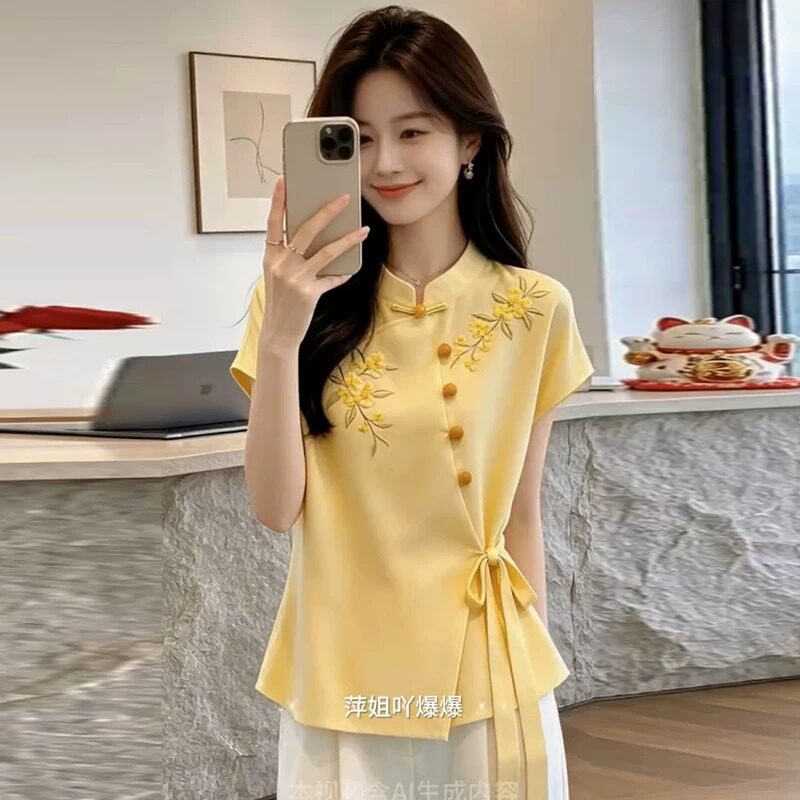 新中式国风刺绣衬衫女短袖上衣2026夏季新款系带收腰显瘦立领小衫
